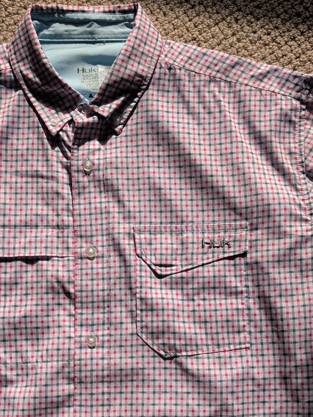 Huk Men’s Pink and Light Blue windowpane Fish Plaid Button-Down Shirt L